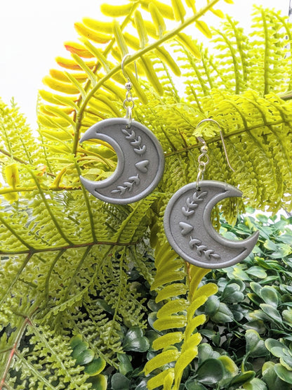 Moon earrings silver shimmer floral