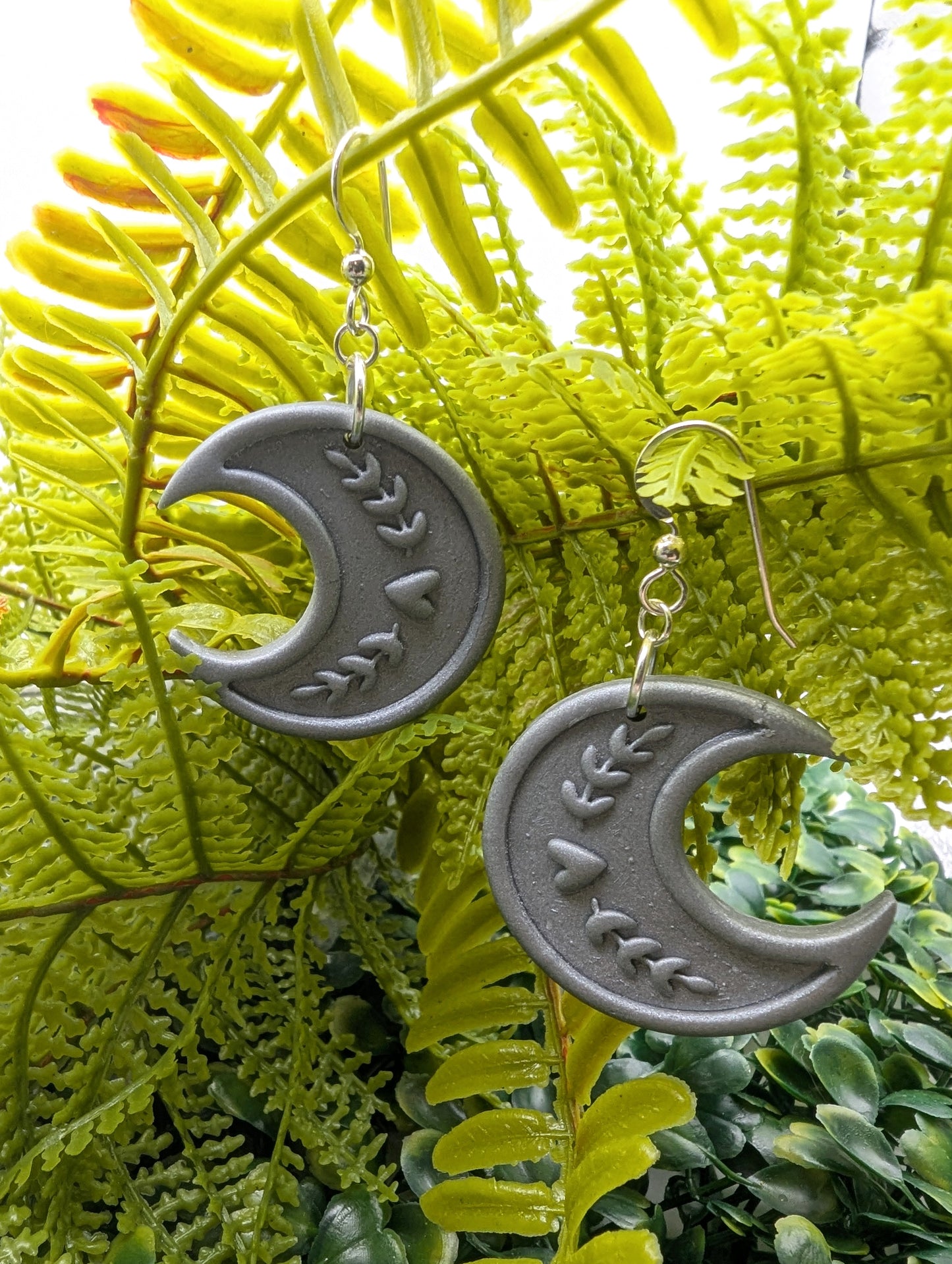 Moon earrings silver shimmer floral