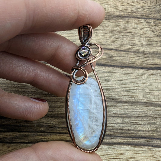 Rainbow Moonstone Pendant - copper wire wrapped