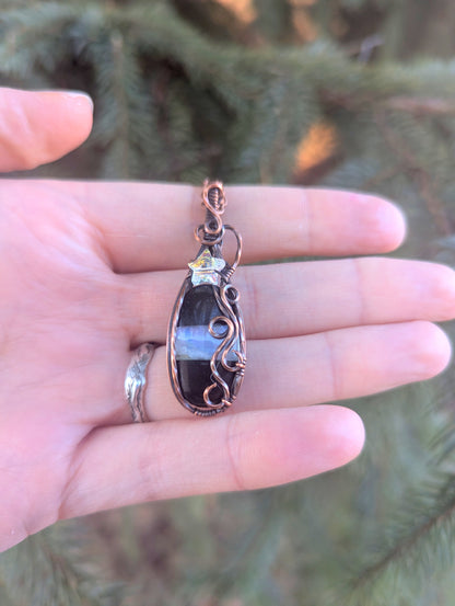 Onyx/moonstone gem pendant - wire wrapped in copper with white star crystal