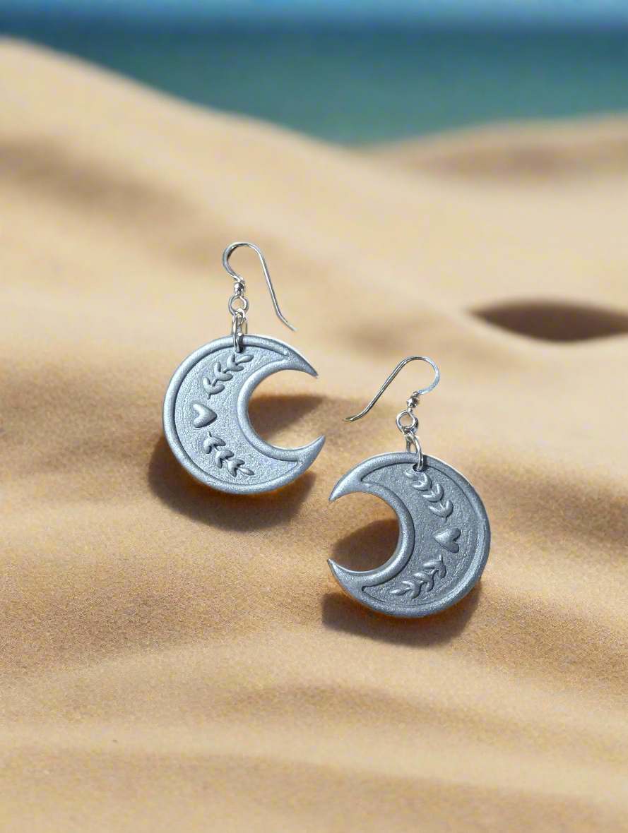 Moon earrings silver shimmer floral