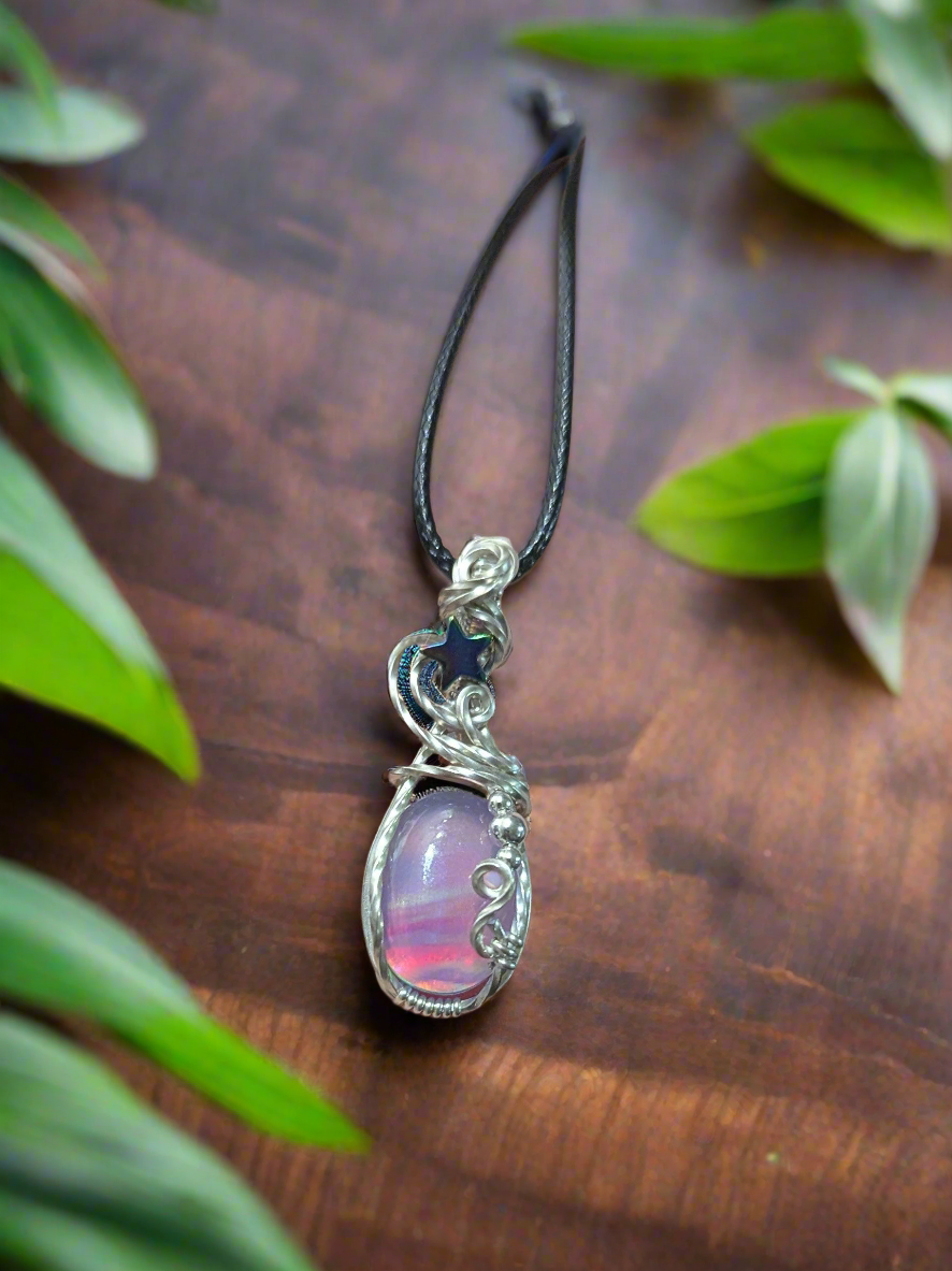 Aurora Opal Starry Pendant - Sterling Silver wire wrapped