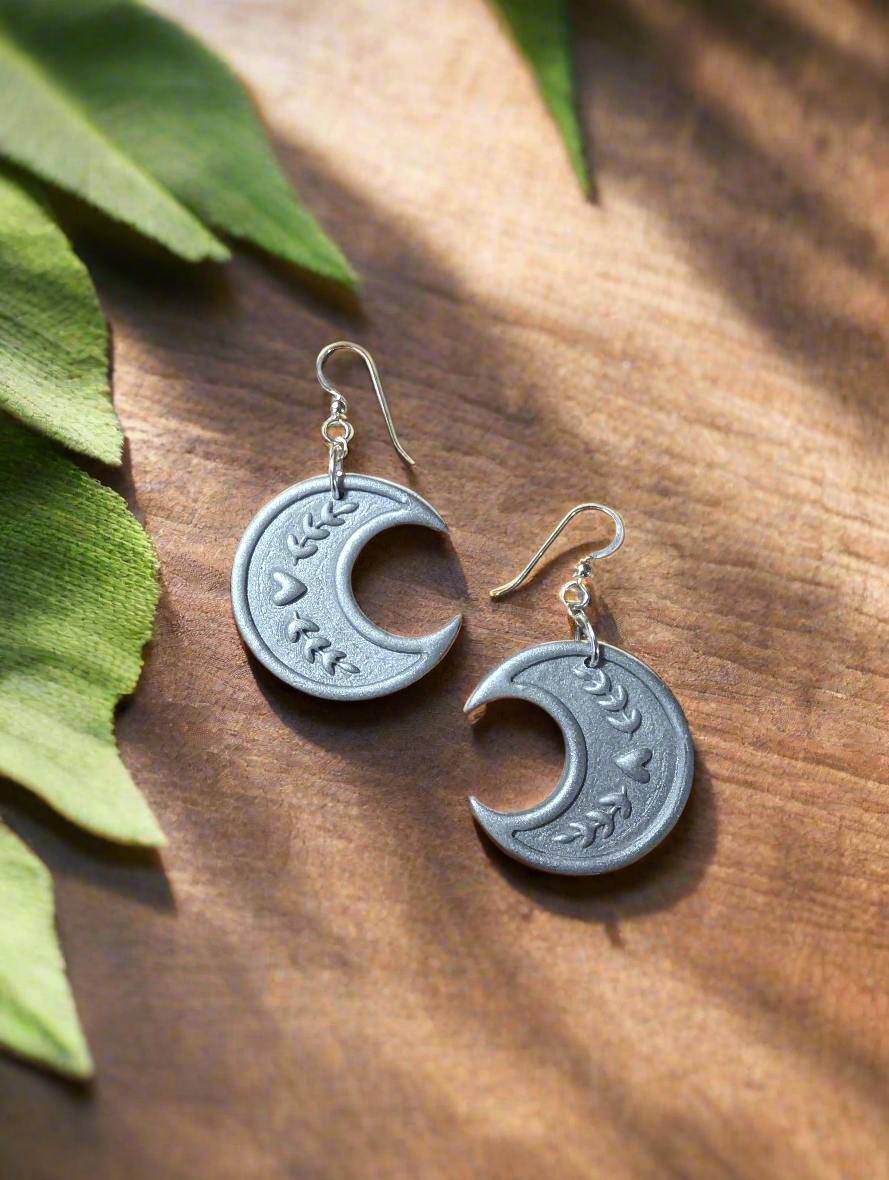 Moon earrings silver shimmer floral