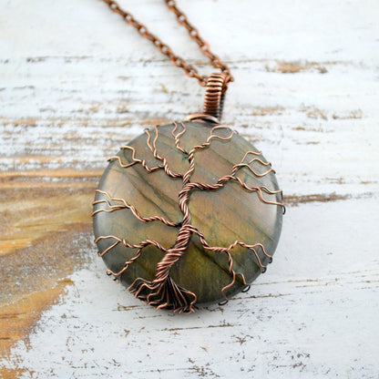 Orange Labradorite Tree of Life pendant - copper wire wrapped jewelry - celtic tree - gift for her - nature jewelry - wiccan pendant