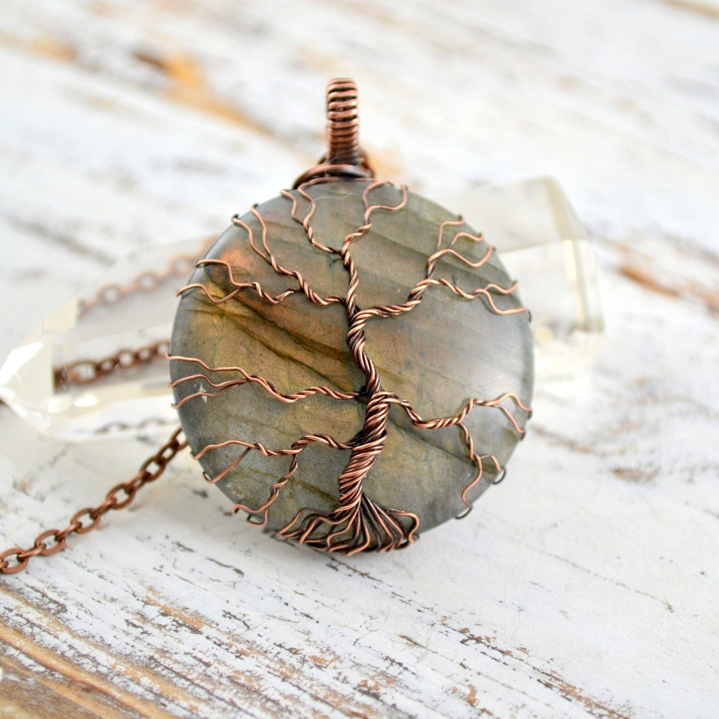 Orange Labradorite Tree of Life pendant - copper wire wrapped jewelry - celtic tree - gift for her - nature jewelry - wiccan pendant