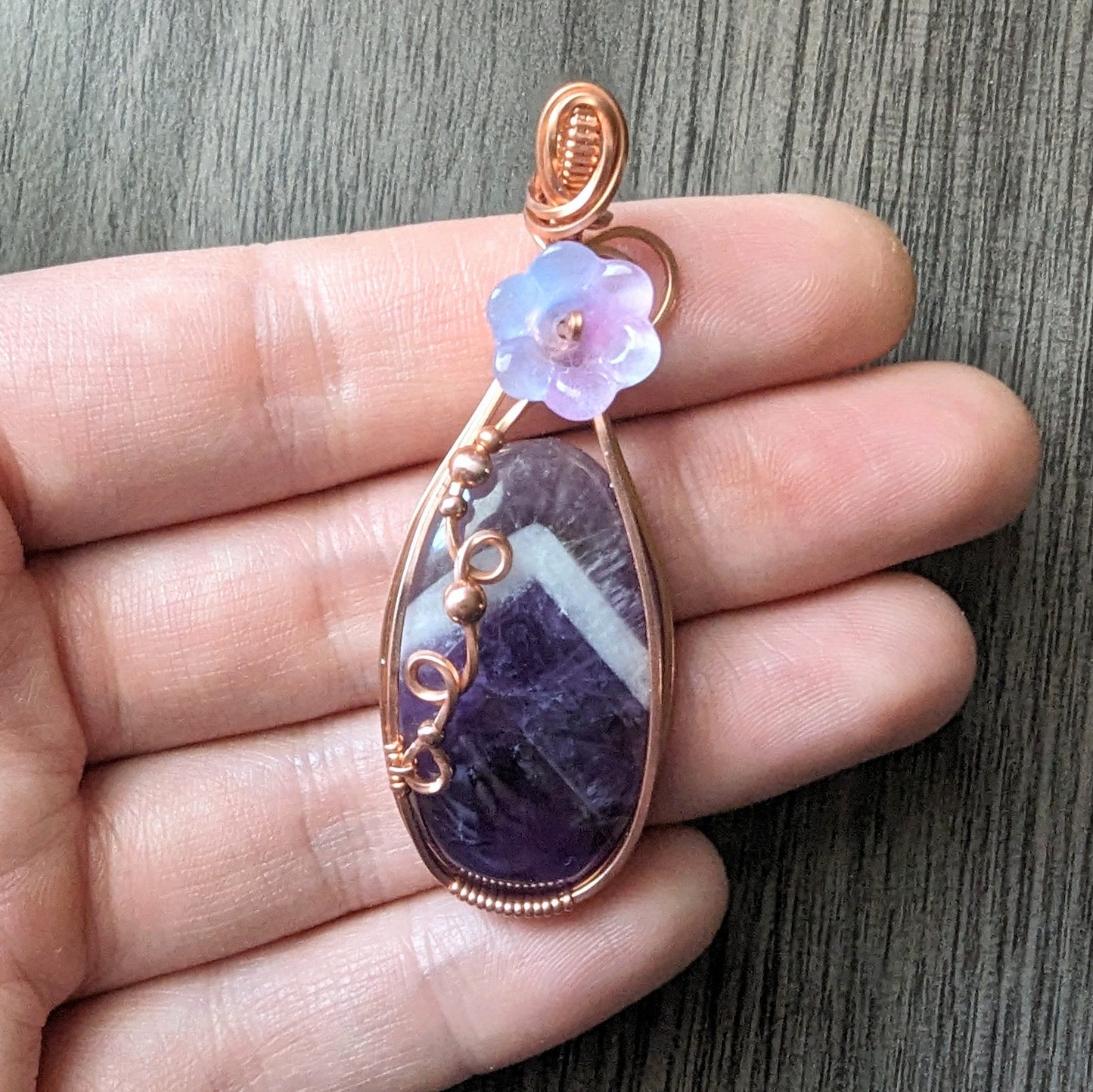 Chevron Amethyst Flower Pendant - copper wire wrapped jewelry