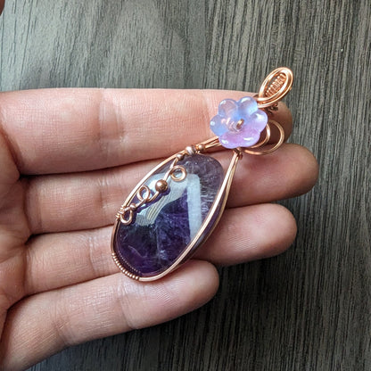 Chevron Amethyst Flower Pendant - copper wire wrapped jewelry