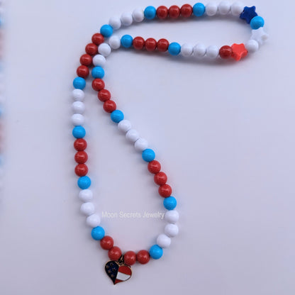 Forth of July Beaded Necklaces - red white and blue - star and flag necklaces - heart red necklace - gifts for Forth of July - independence