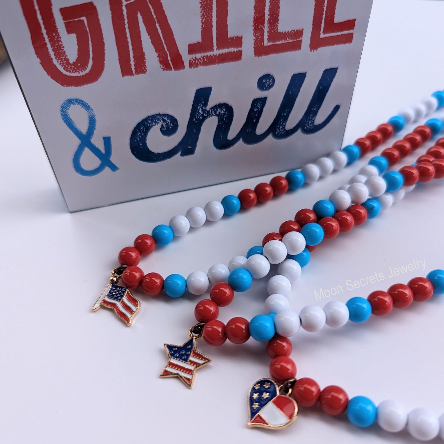 Forth of July Beaded Necklaces - red white and blue - star and flag necklaces - heart red necklace - gifts for Forth of July - independence