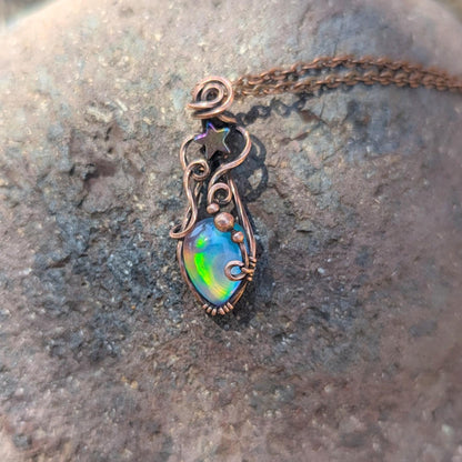 Northern Lights Aurora Opal Starry Pendant - antiqued copper wire wrapped chain necklace - rainbow gemstone - fairy necklace - star pendant