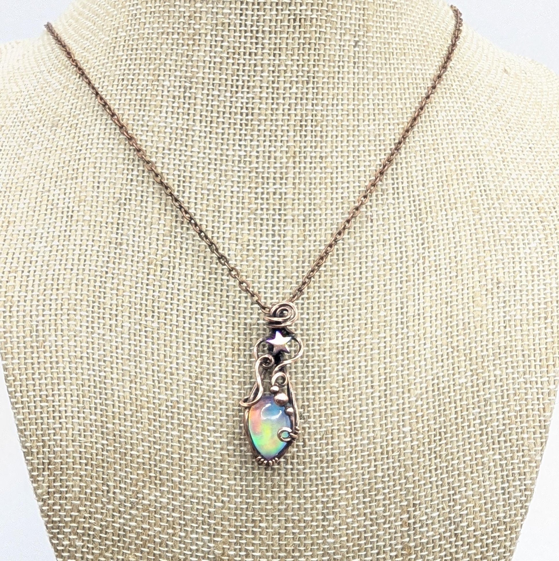 Northern Lights Aurora Opal Starry Pendant - antiqued copper wire wrapped chain necklace - rainbow gemstone - fairy necklace - star pendant