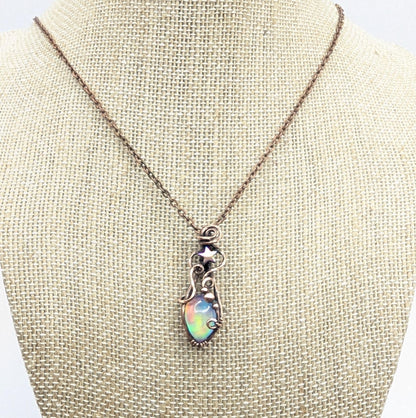 Northern Lights Aurora Opal Starry Pendant - antiqued copper wire wrapped chain necklace - rainbow gemstone - fairy necklace - star pendant