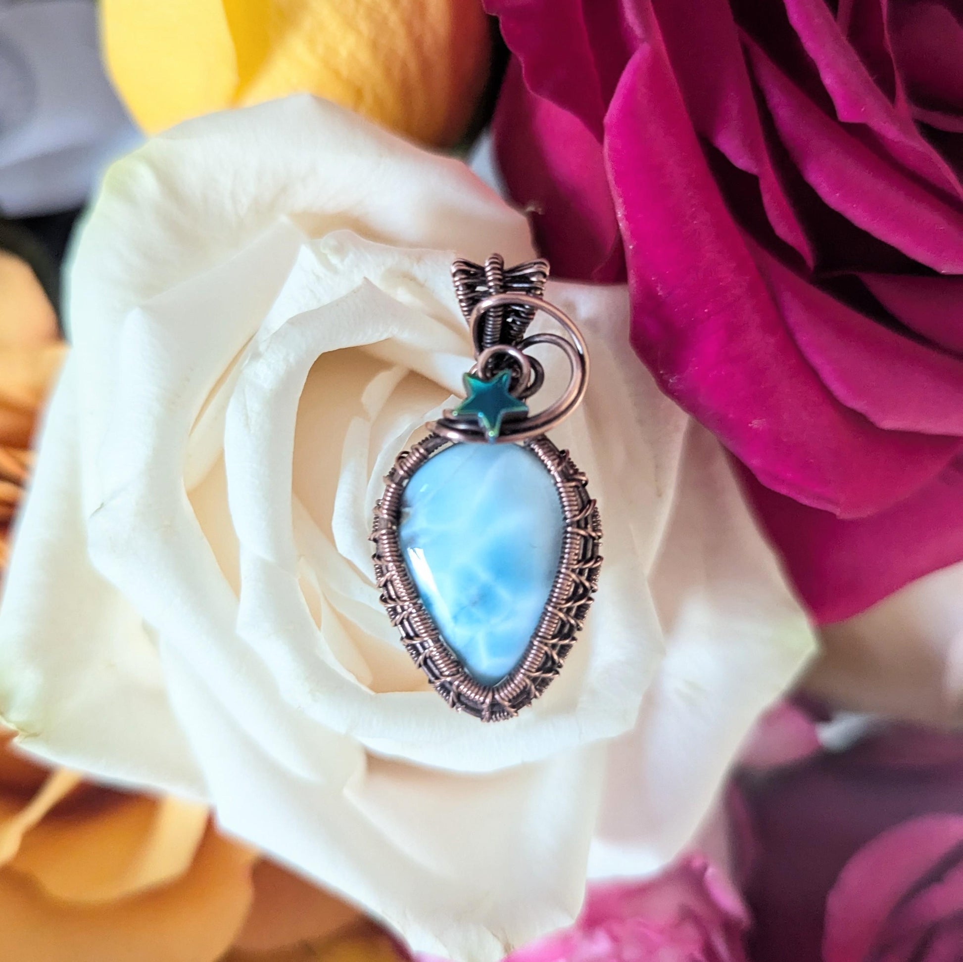 Larimar Starry Weave Copper Wire Wrapped Pendant