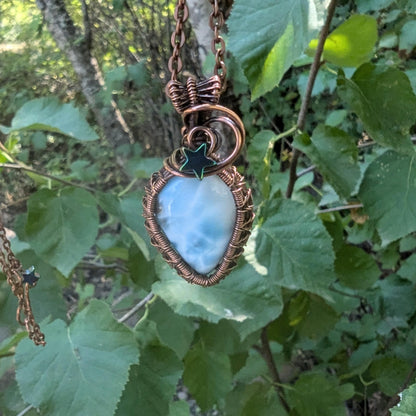 Larimar Starry Weave Copper Wire Wrapped Pendant - galaxy pendant - beach jewelry - gift for her - heady pendant - gemstone pendant