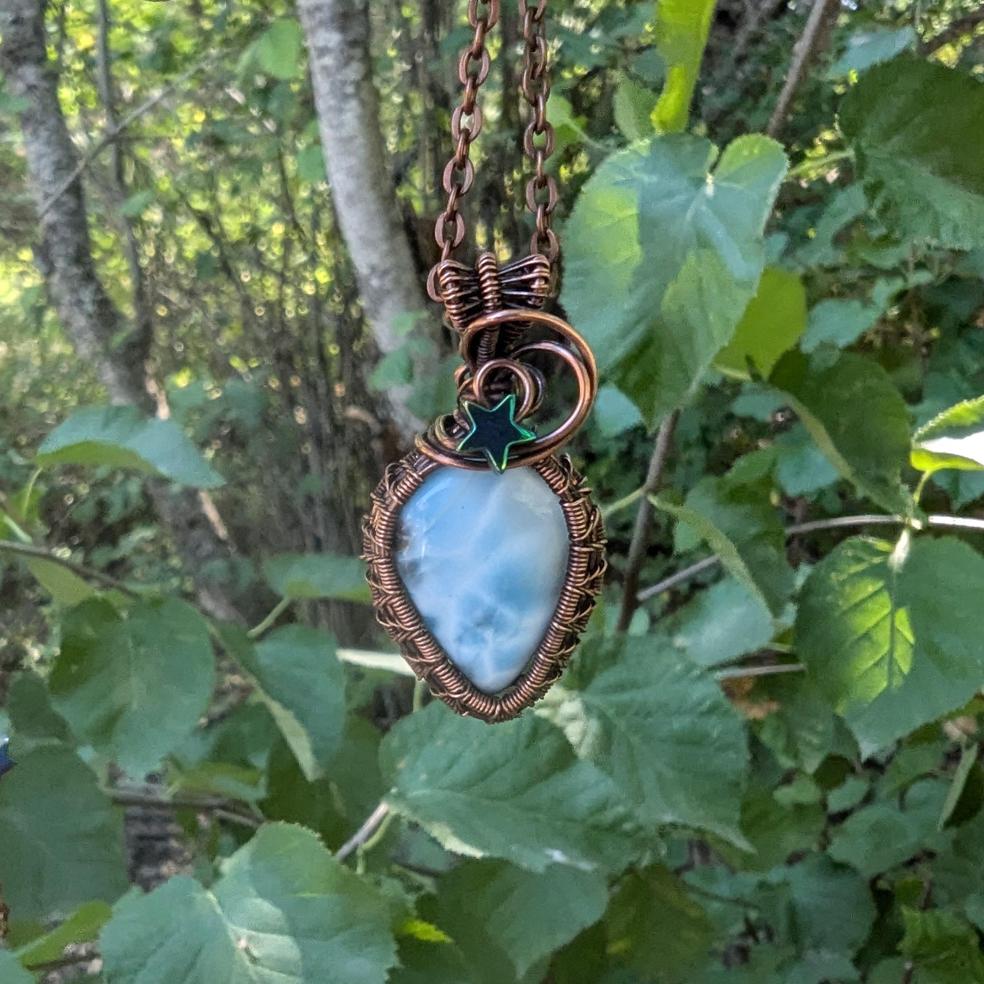 Larimar Starry Weave Copper Wire Wrapped Pendant - galaxy pendant - beach jewelry - gift for her - heady pendant - gemstone pendant