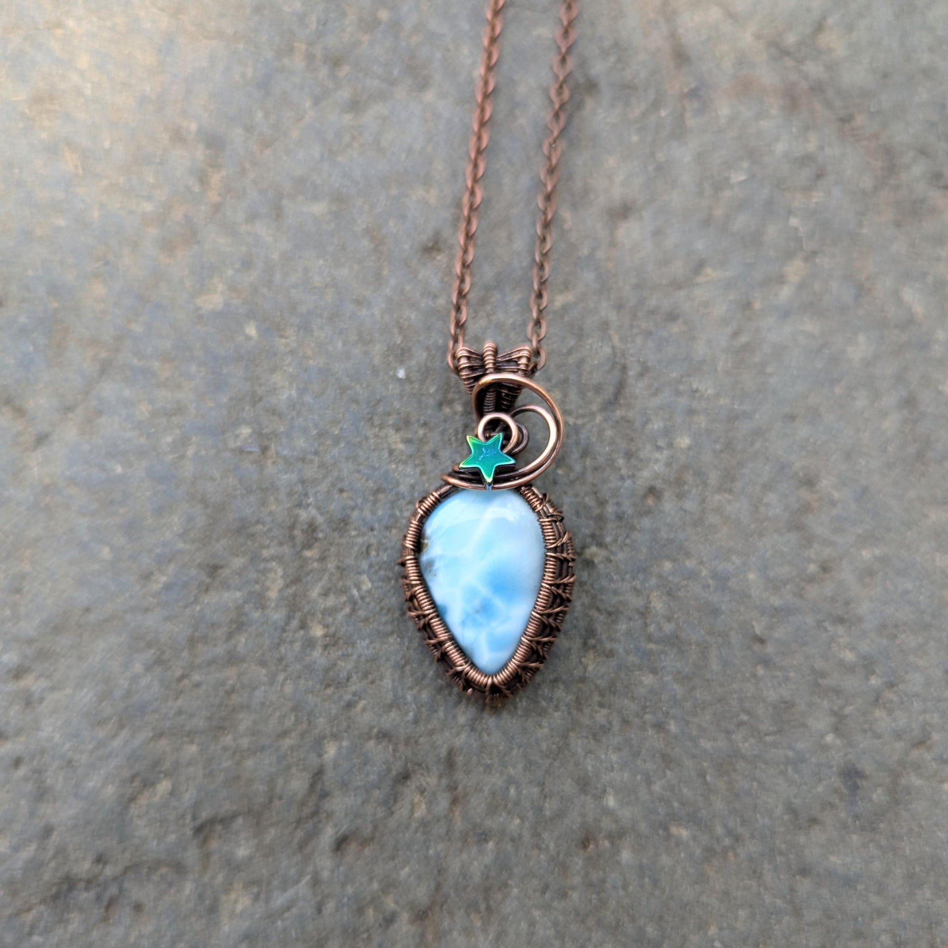 Larimar Starry Weave Copper Wire Wrapped Pendant - galaxy pendant - beach jewelry - gift for her - heady pendant - gemstone pendant