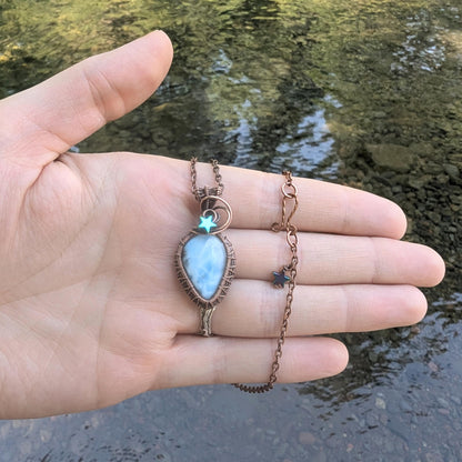 Larimar Starry Weave Copper Wire Wrapped Pendant - galaxy pendant - beach jewelry - gift for her - heady pendant - gemstone pendant