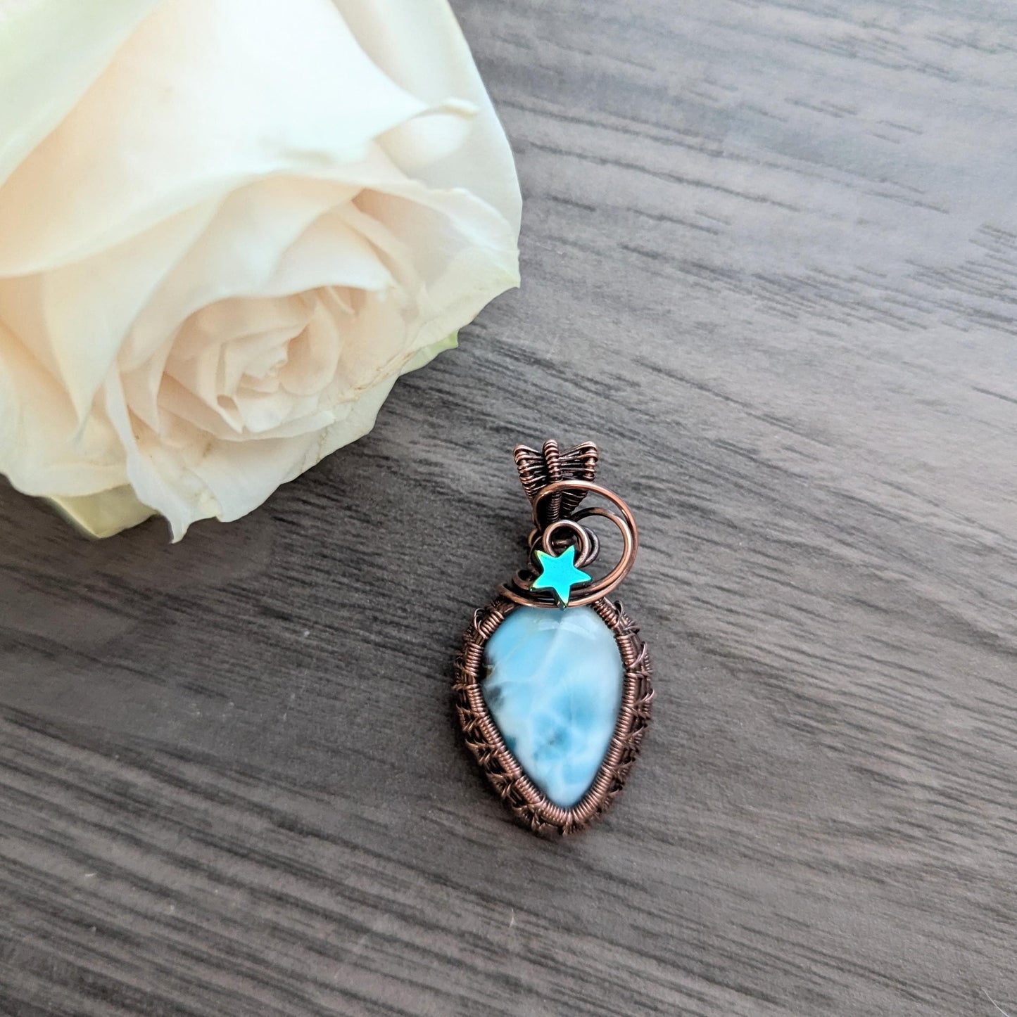 Larimar Starry Weave Copper Wire Wrapped Pendant - galaxy pendant - beach jewelry - gift for her - heady pendant - gemstone pendant