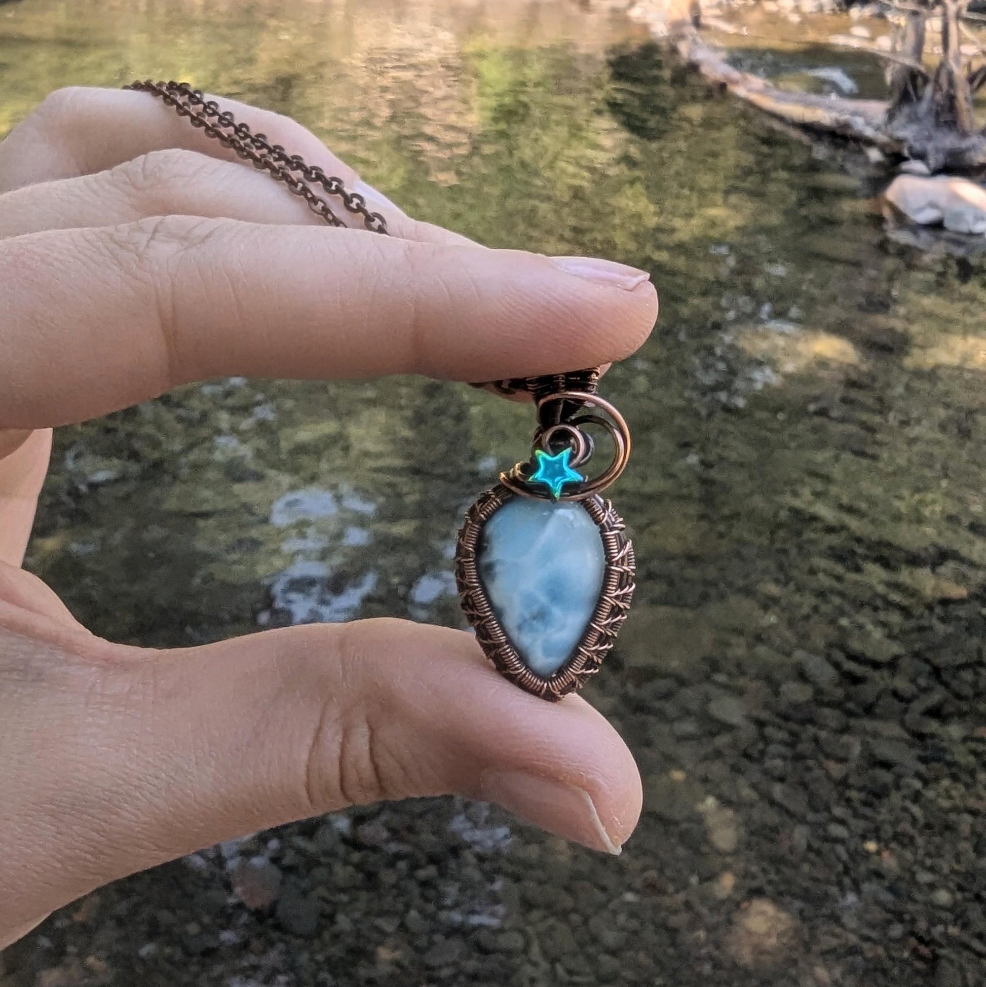 Larimar Starry Weave Copper Wire Wrapped Pendant - galaxy pendant - beach jewelry - gift for her - heady pendant - gemstone pendant