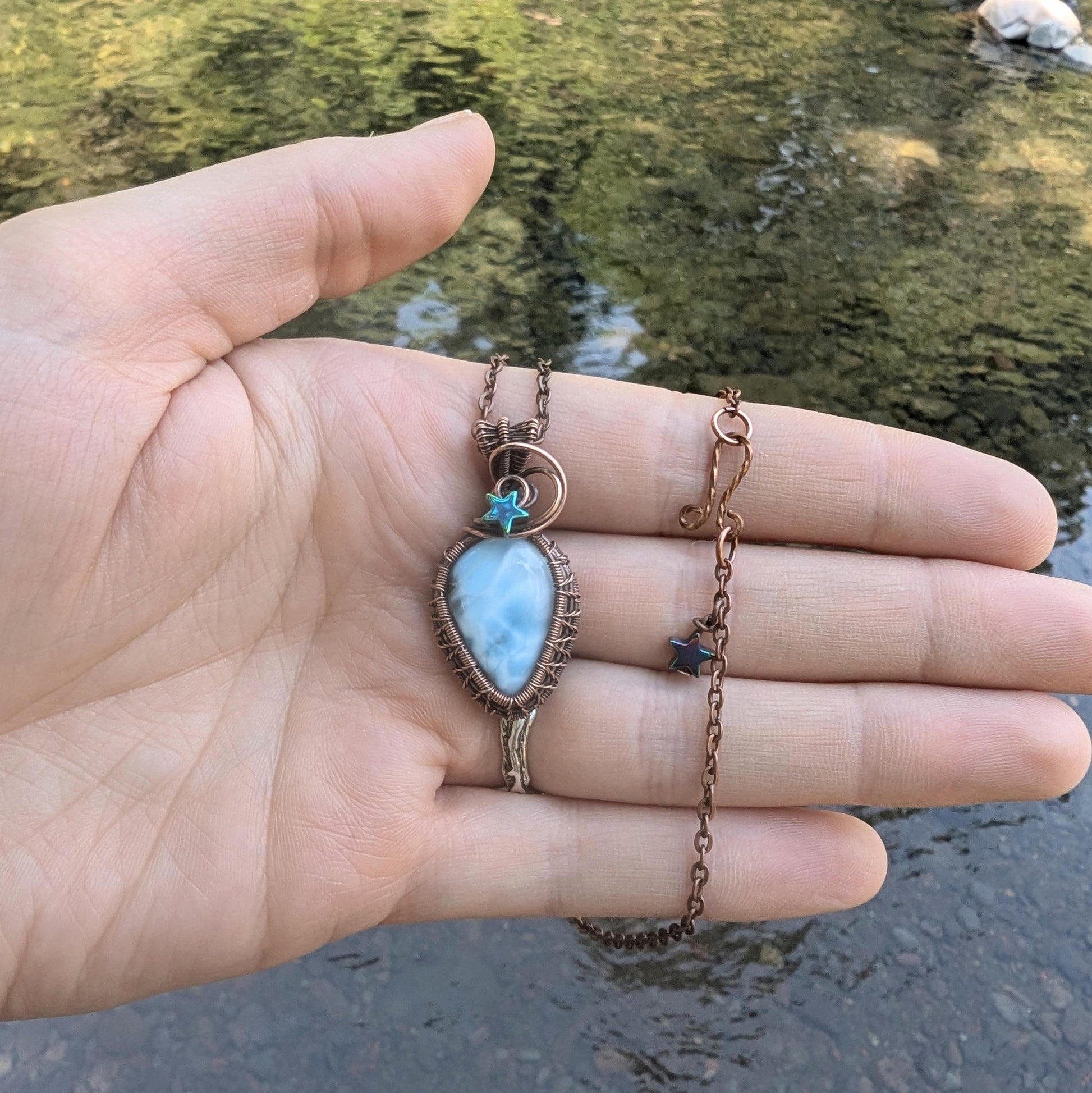 Larimar Starry Weave Copper Wire Wrapped Pendant - galaxy pendant - beach jewelry - gift for her - heady pendant - gemstone pendant