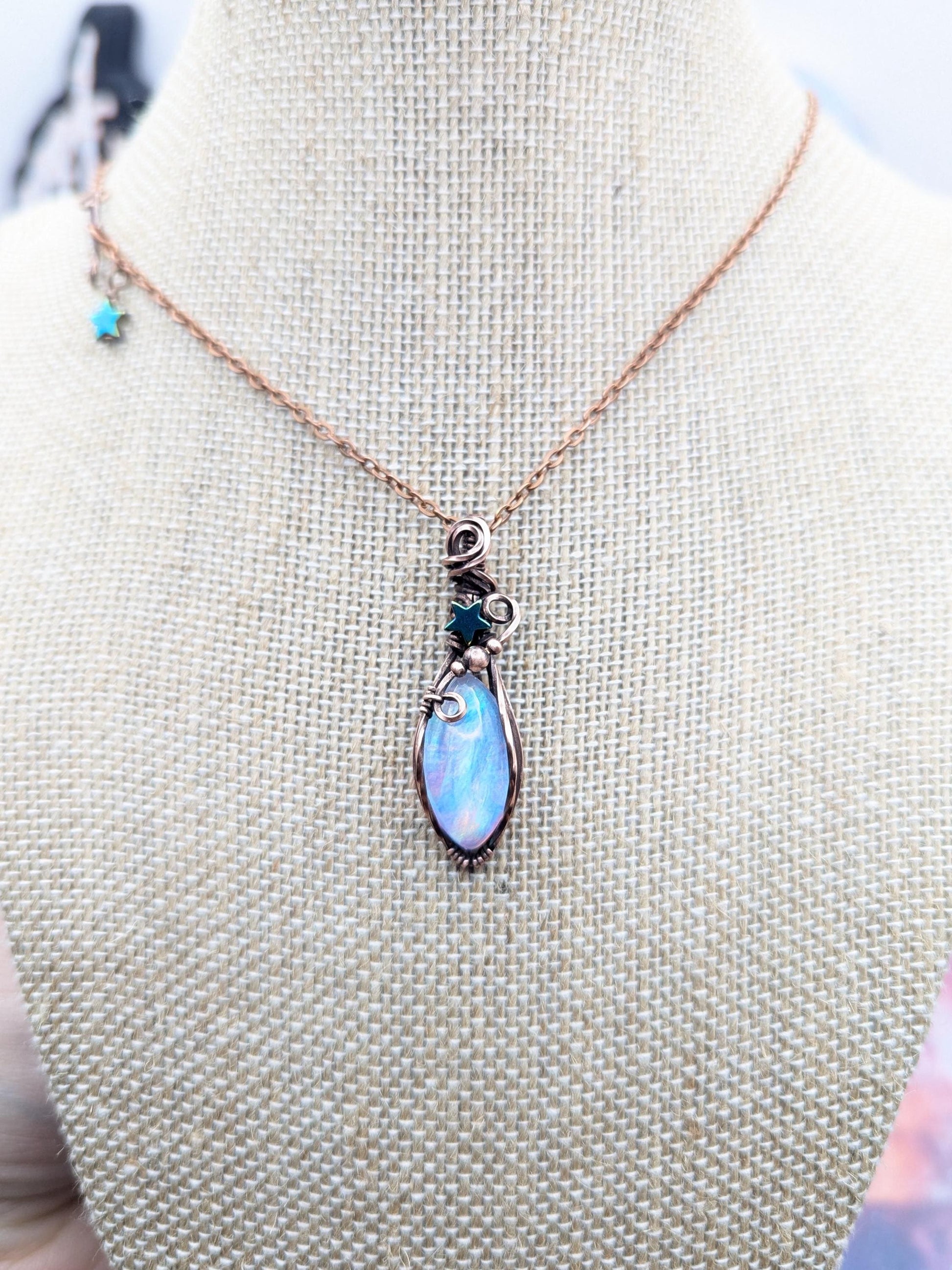 Aurora Opal Starry Pendant - antiqued copper wire wrapped chain necklace - rainbow gemstone - fairy necklace - star pendant