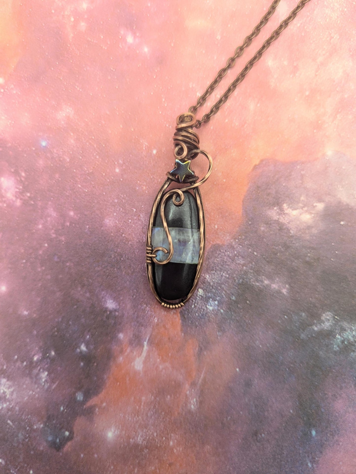 Halloween Onyx and Moonstone multi gemstone pendant - wire wrapped copper jewelry - black and white jewelry - gift for her