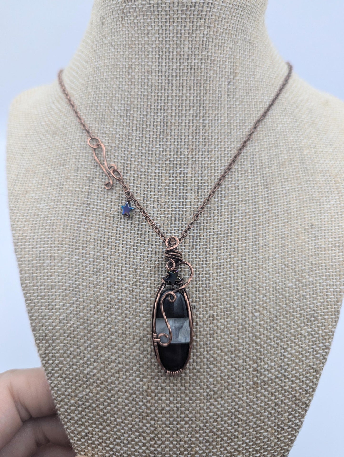 Halloween Onyx and Moonstone multi gemstone pendant - wire wrapped copper jewelry - black and white jewelry - gift for her