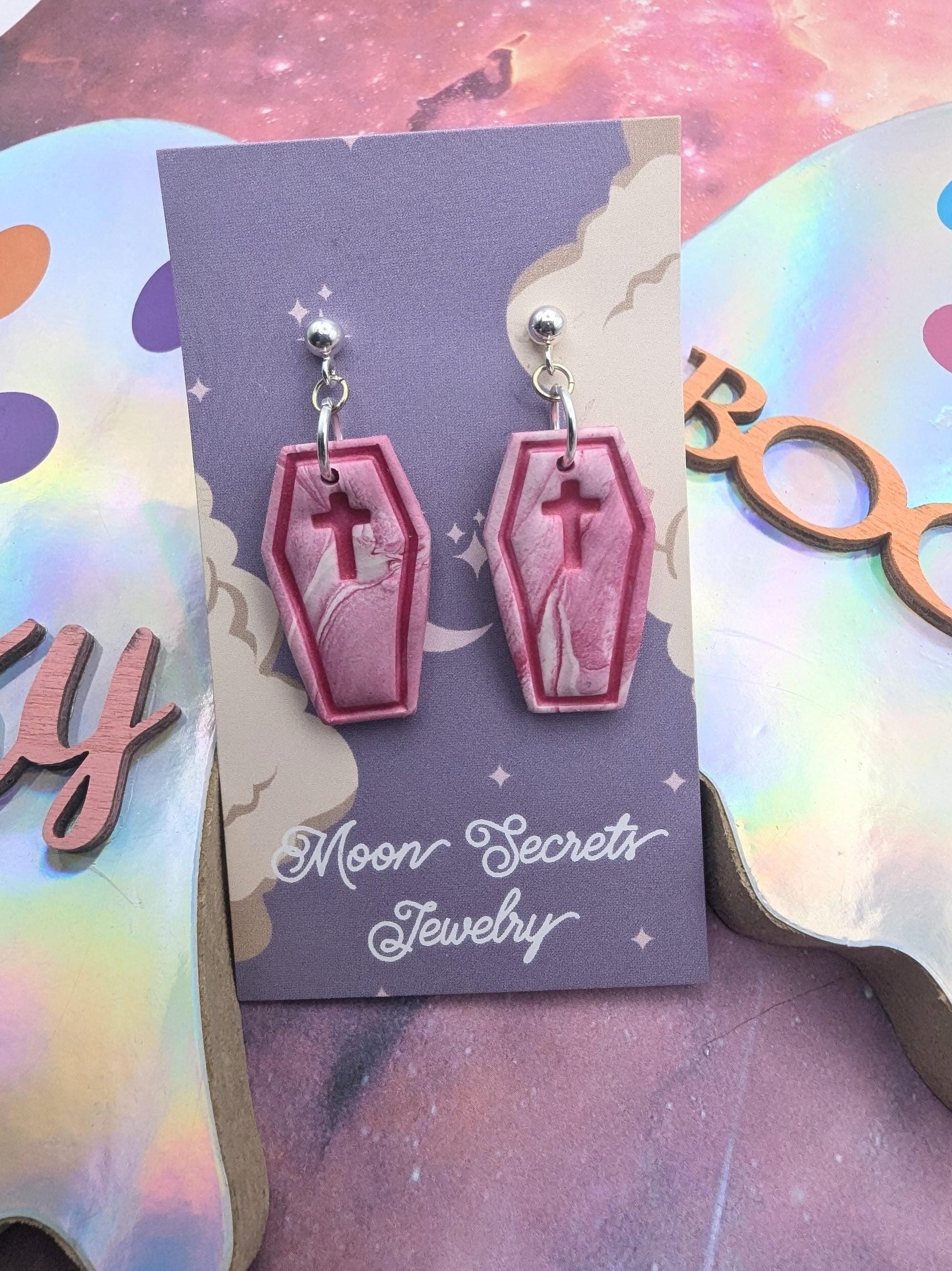 Halloween Gothic Barbie pink coffin earrings