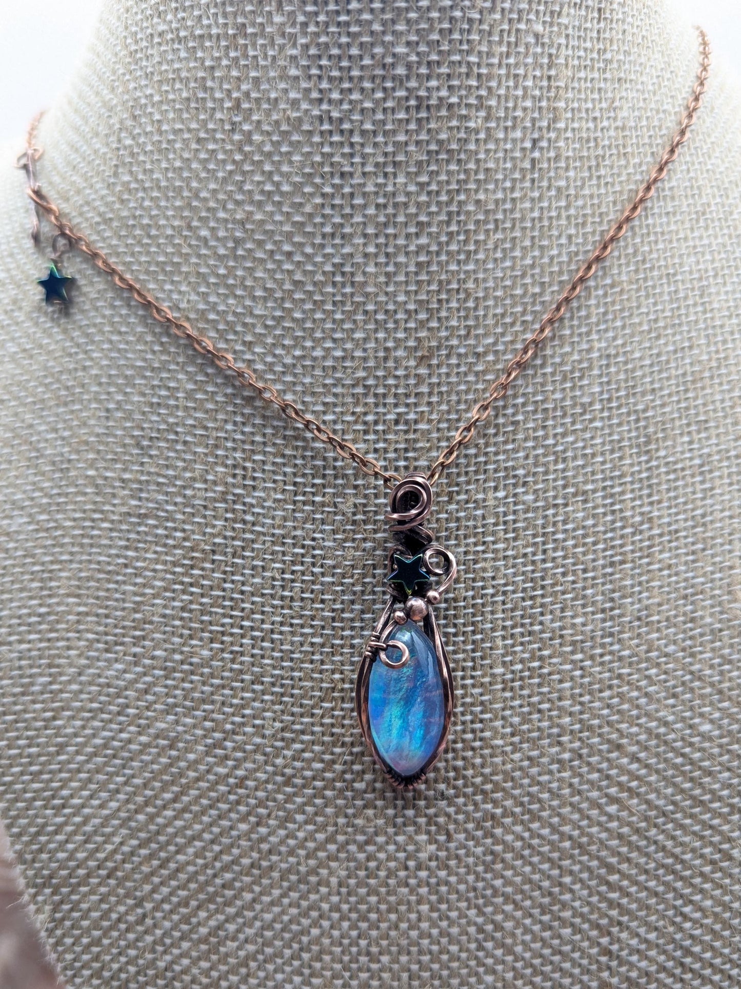 Aurora Opal Starry Pendant - antiqued copper wire wrapped chain necklace - rainbow gemstone - fairy necklace - star pendant