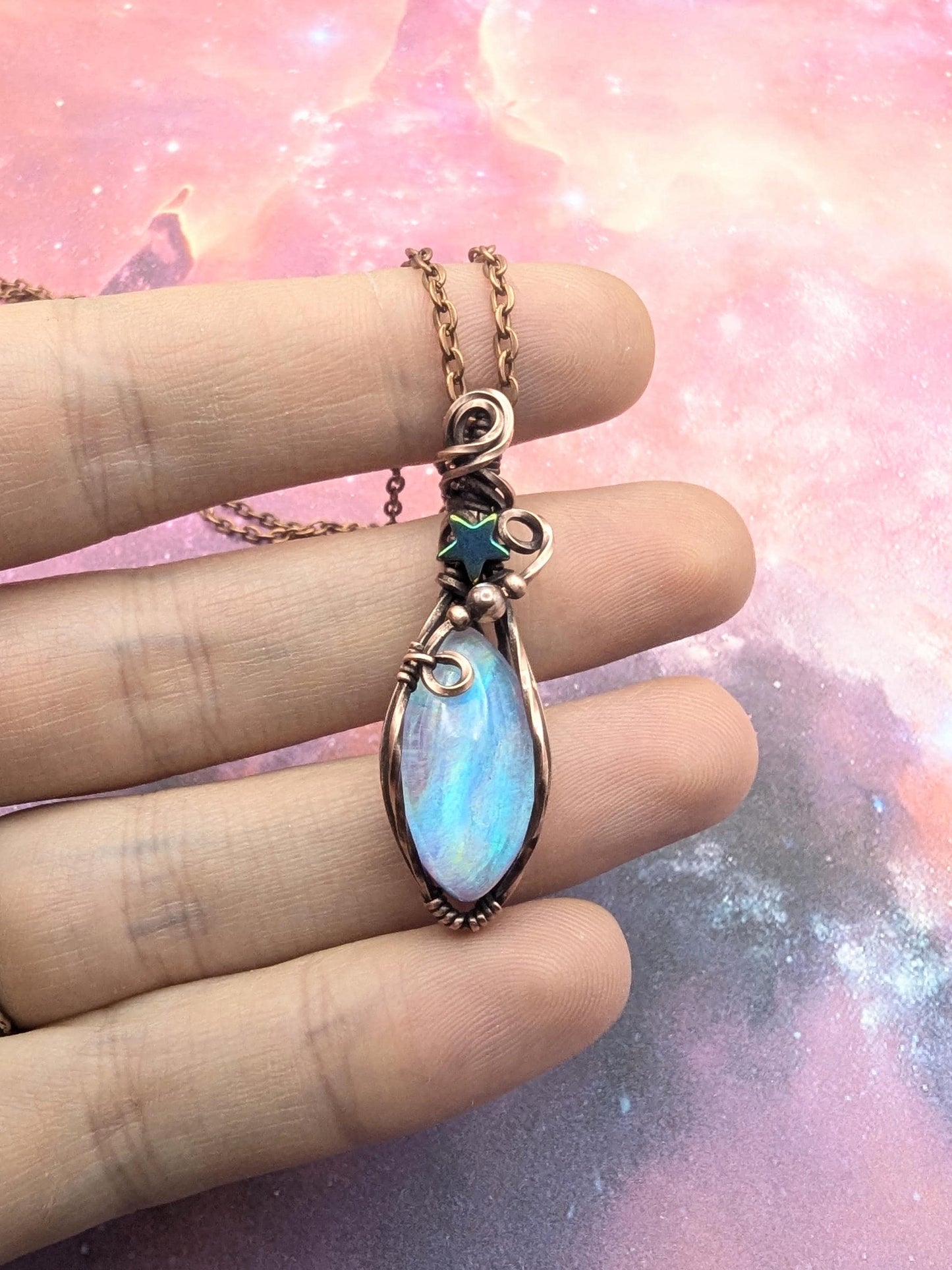 Aurora Opal Starry Pendant - antiqued copper wire wrapped chain necklace - rainbow gemstone - fairy necklace - star pendant