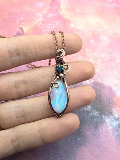 Aurora Opal Starry Pendant - antiqued copper wire wrapped chain necklace - rainbow gemstone - fairy necklace - star pendant