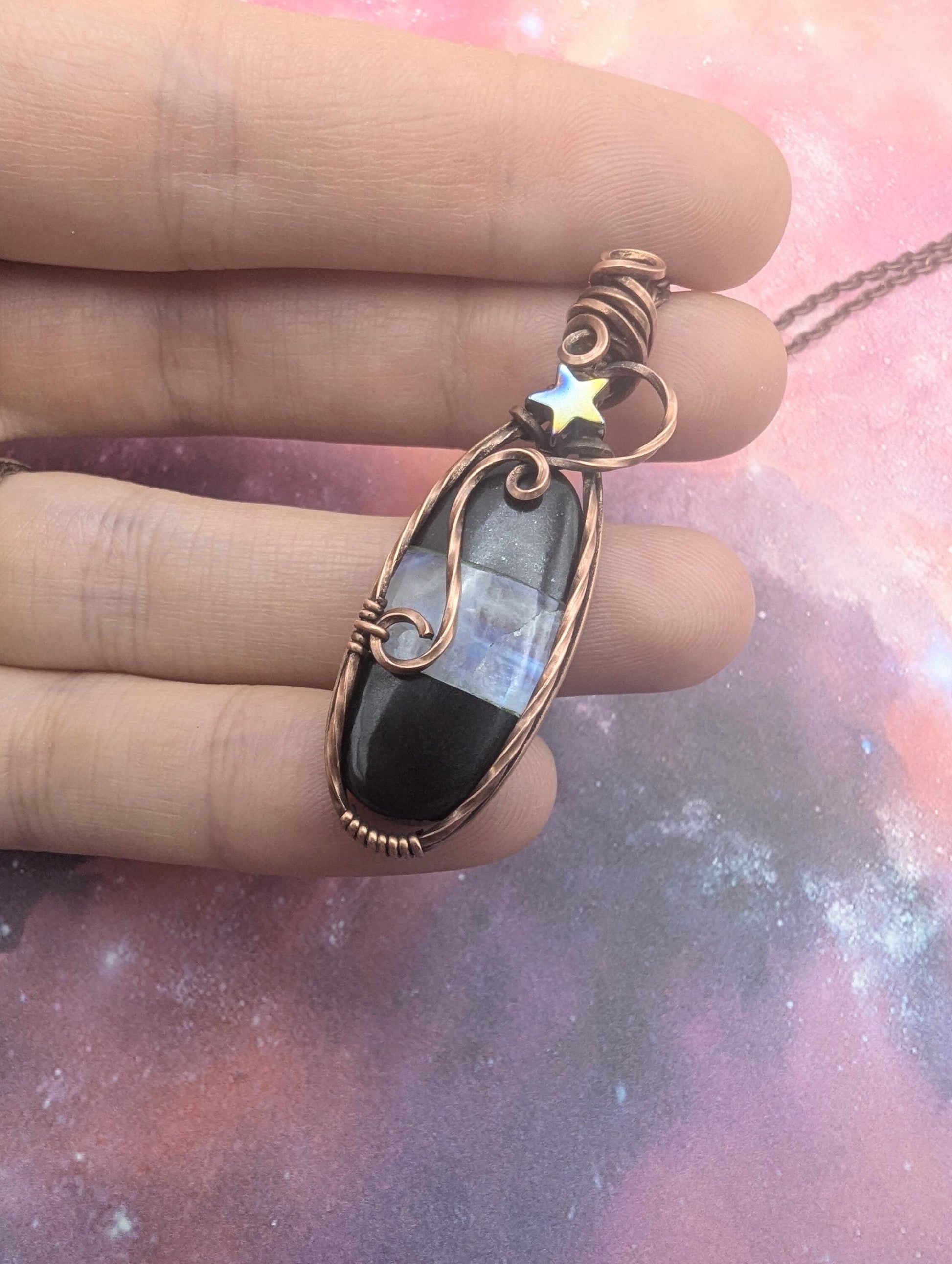 Halloween Onyx and Moonstone multi gemstone pendant - wire wrapped copper jewelry - black and white jewelry - gift for her