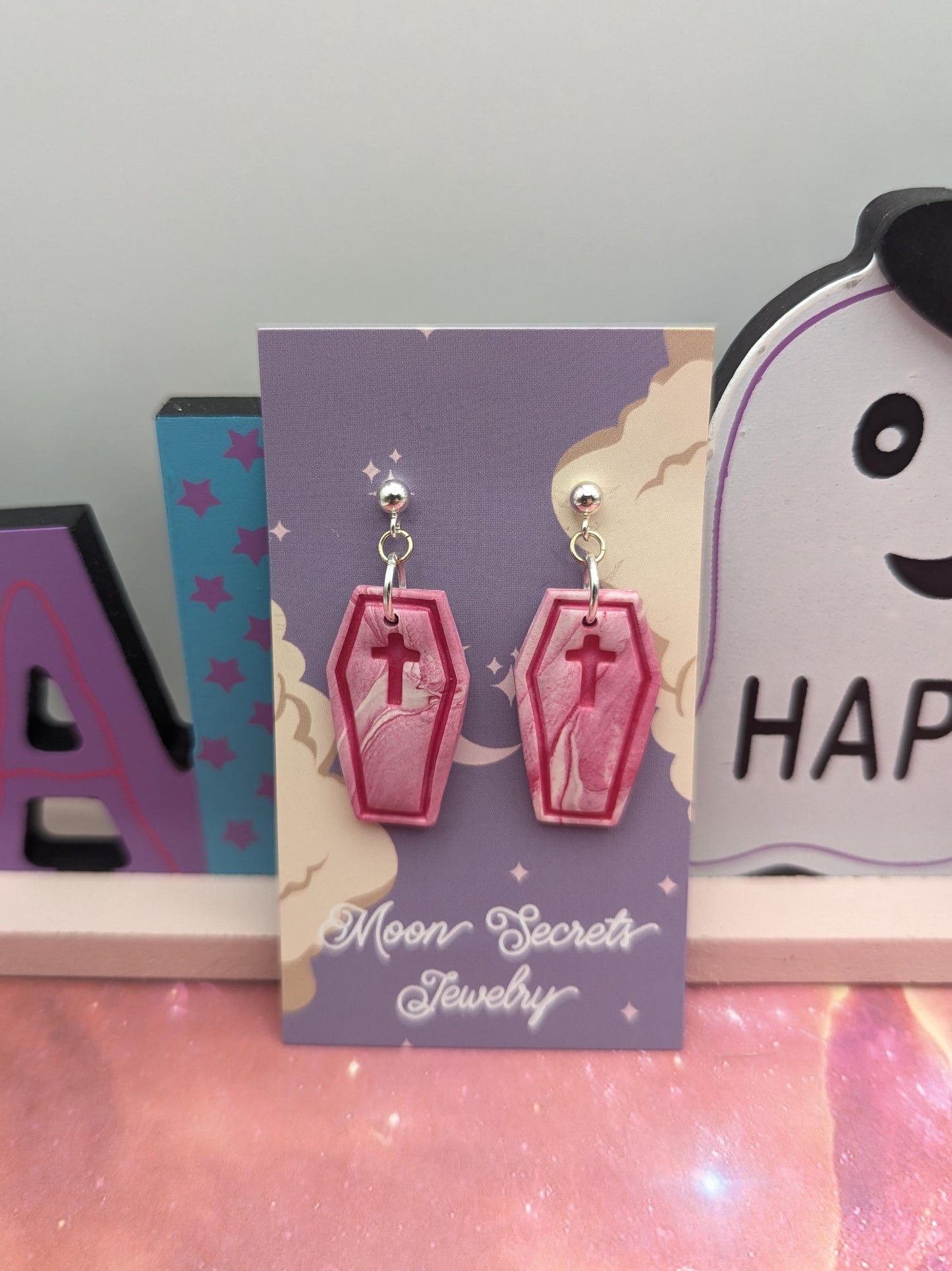 Pastel Goth Pink Coffin Earrings - clay handmade earrings - light weight clay earrings - barbie pink Halloween jewelry