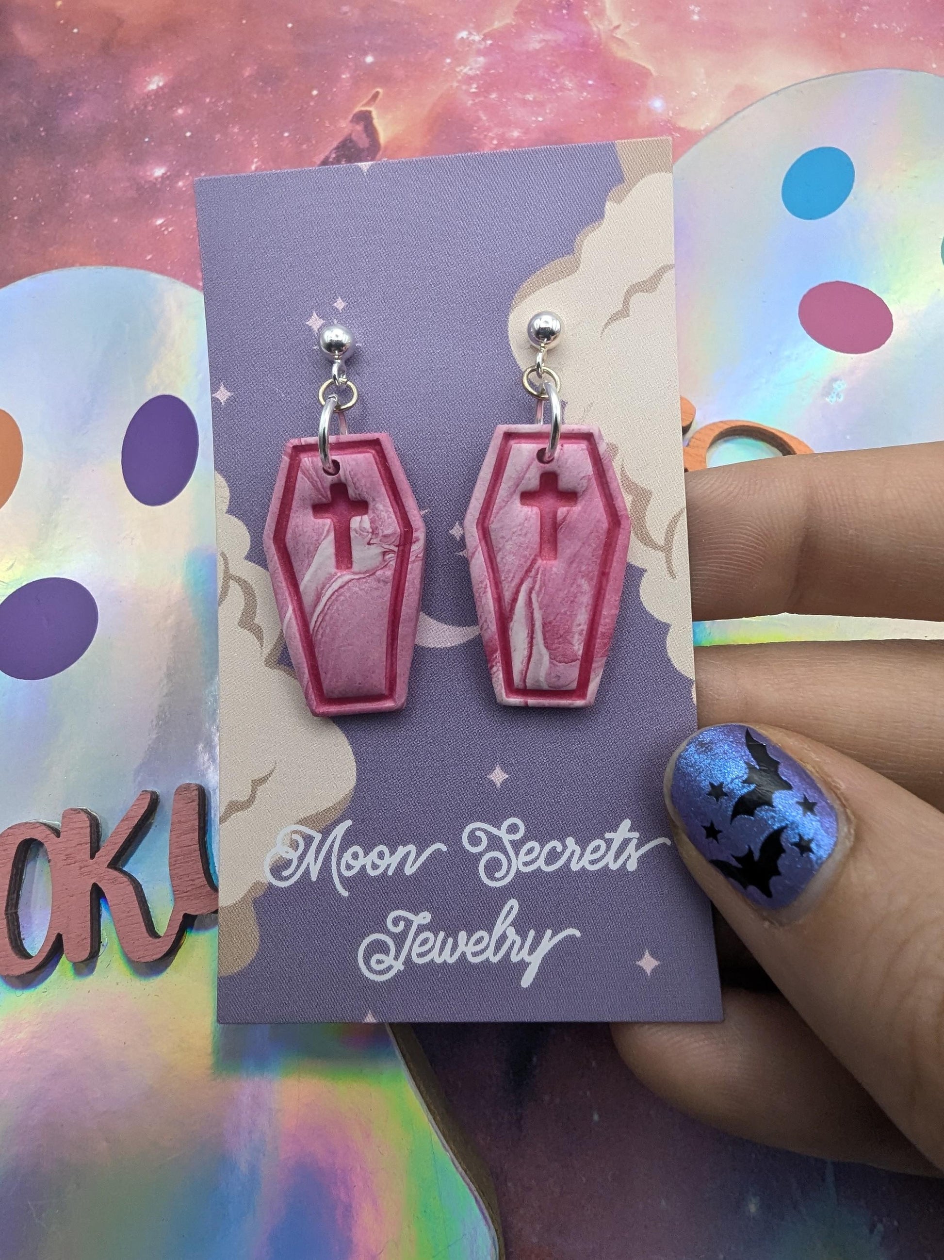 Pastel Goth Pink Coffin Earrings - clay handmade earrings - light weight clay earrings - barbie pink Halloween jewelry