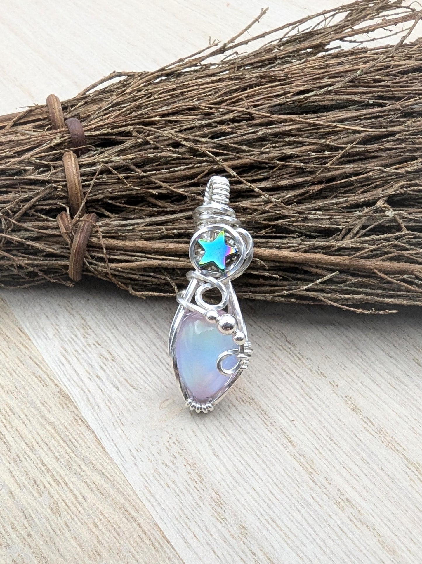 Rainbow Aurora Opal Starry Silver Pendant - unicorn pendant - wedding pendant - star pendant - gothic pendants - wire wrapped opal