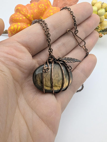 Labradorite Pumpkin Halloween Pendant - copper wire wrapped jewelry - gothic witchy pendant - gift for her