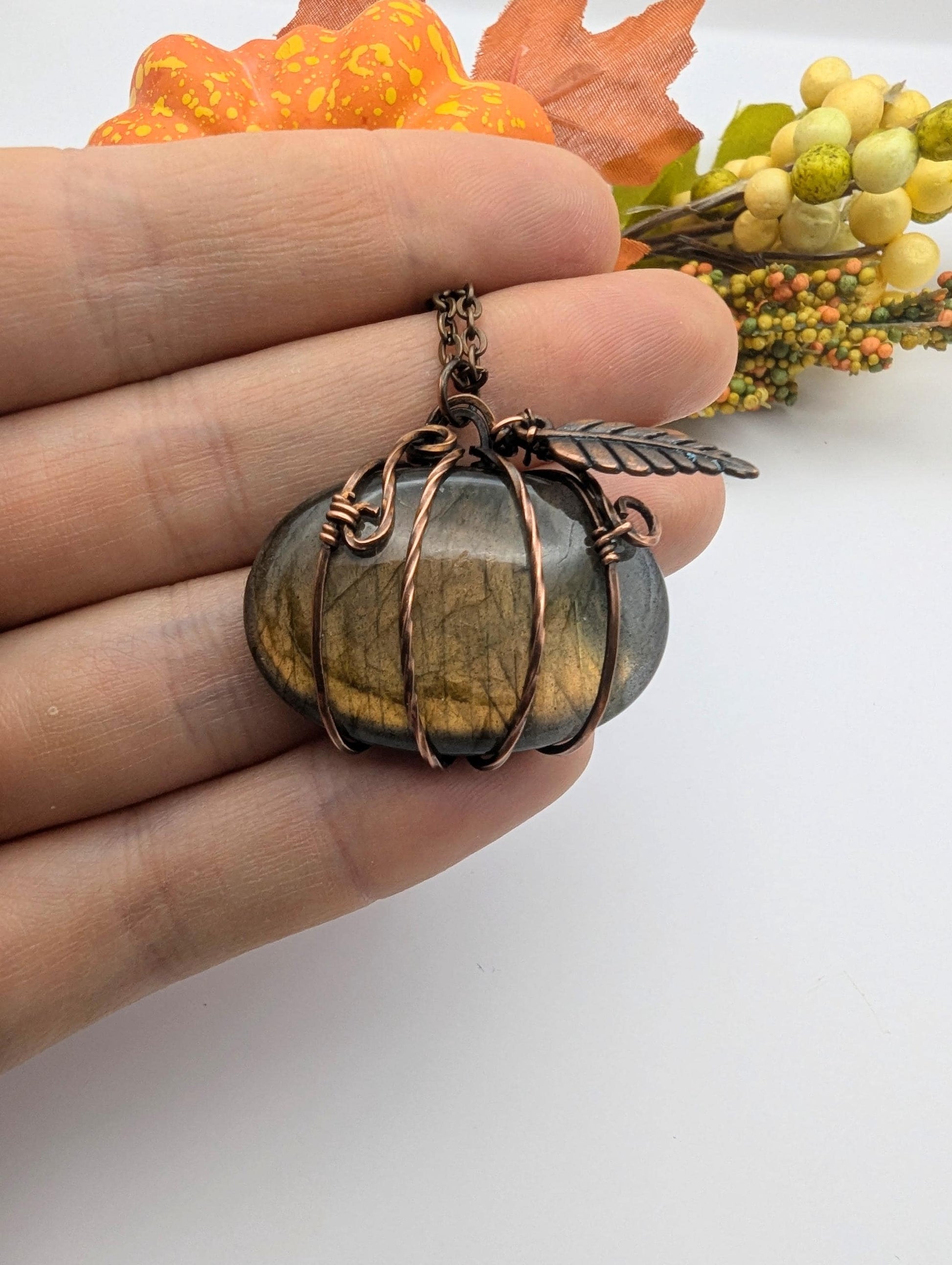 Labradorite Pumpkin Halloween Pendant - copper wire wrapped jewelry - gothic witchy pendant - gift for her