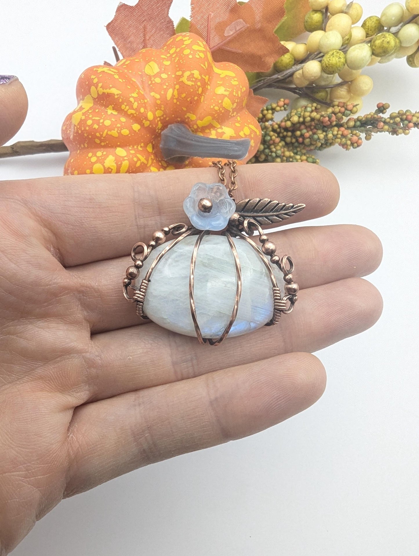 Moonstone Pumpkin Halloween Pendant - copper wire wrapped jewelry - gothic witchy pendant - gift for her