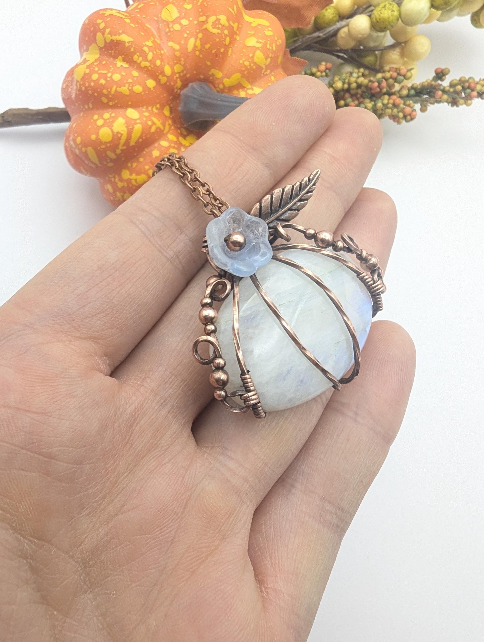 Moonstone Pumpkin Halloween Pendant - copper wire wrapped jewelry - gothic witchy pendant - gift for her