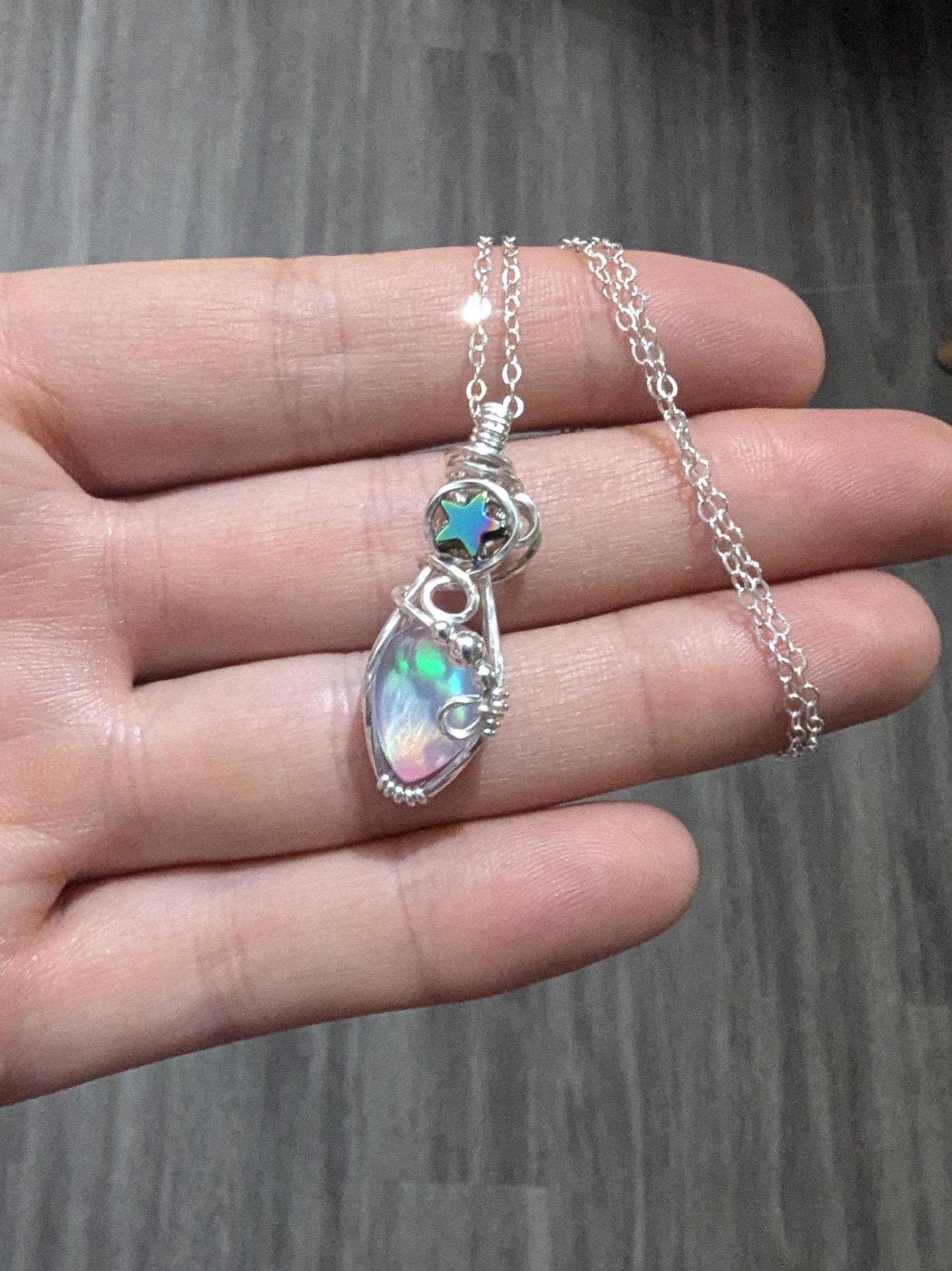 Rainbow Aurora Opal Starry Silver Pendant - unicorn pendant - wedding pendant - star pendant - gothic pendants - wire wrapped opal