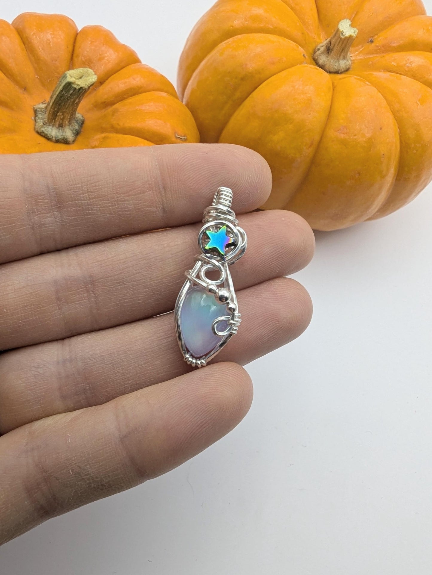 Rainbow Aurora Opal Starry Silver Pendant - unicorn pendant - wedding pendant - star pendant - gothic pendants - wire wrapped opal