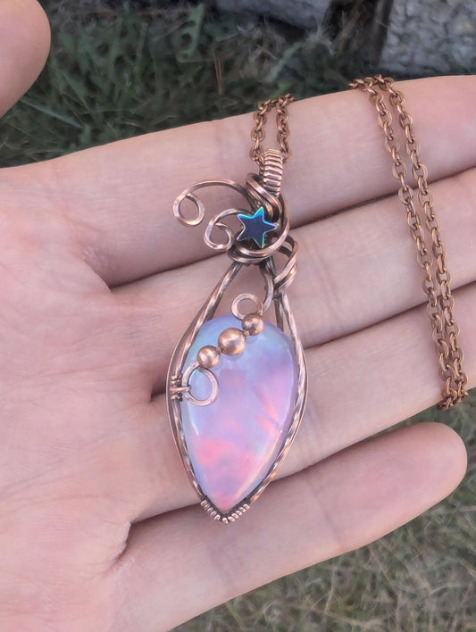 Bold Shooting Star Aurora Opal Pendant - copper wire wrapped chain necklace - rainbow gemstone - fairy necklace - northern lights jewelry