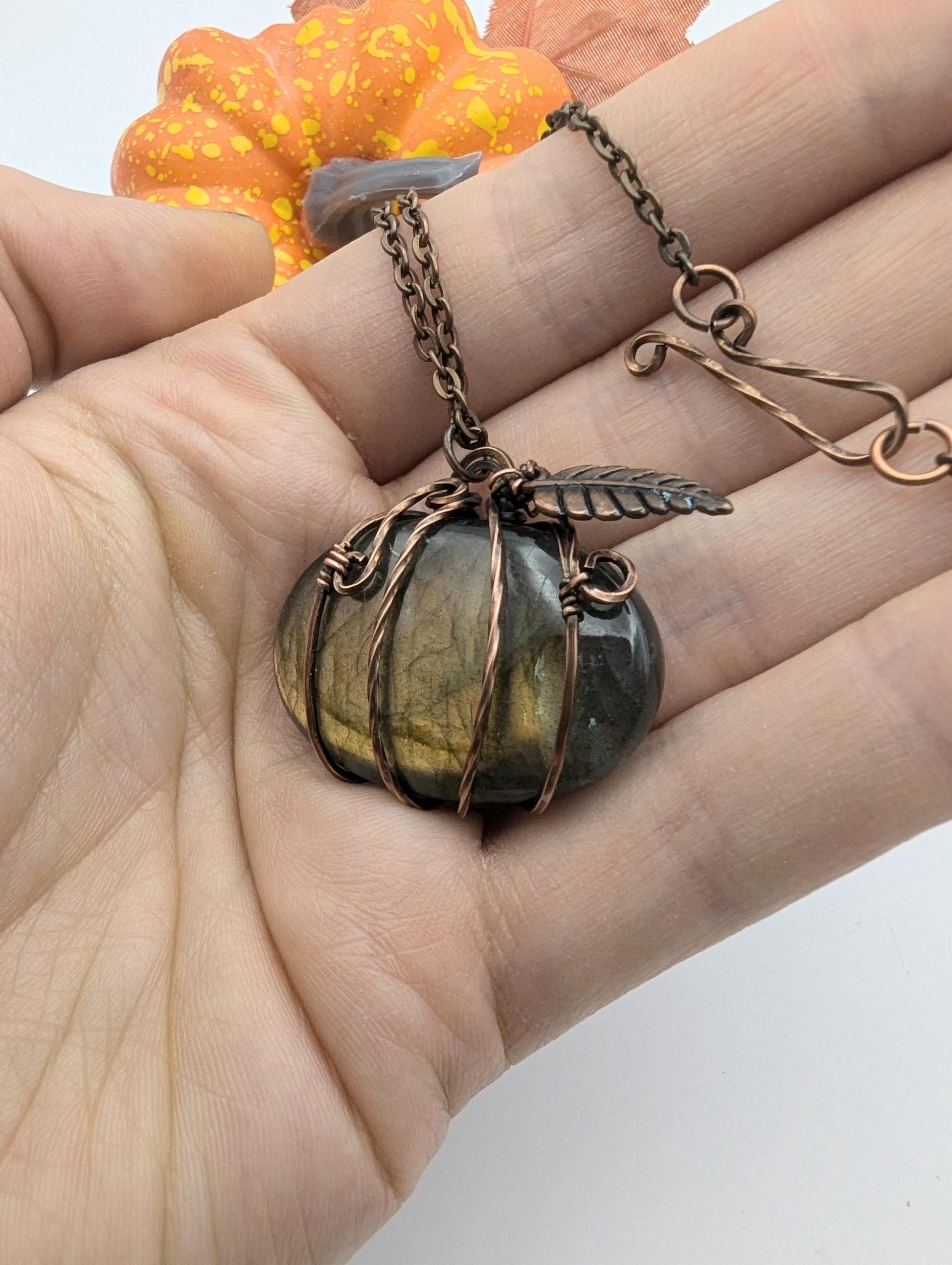 Labradorite Pumpkin Halloween Pendant - copper wire wrapped jewelry - gothic witchy pendant - gift for her