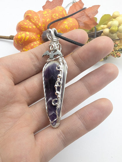 Batty Halloween Amethyst Pendant - wire wrapped sterling silver bat necklace - gothic pendant - purple gemstone jewelry - vampire pendant