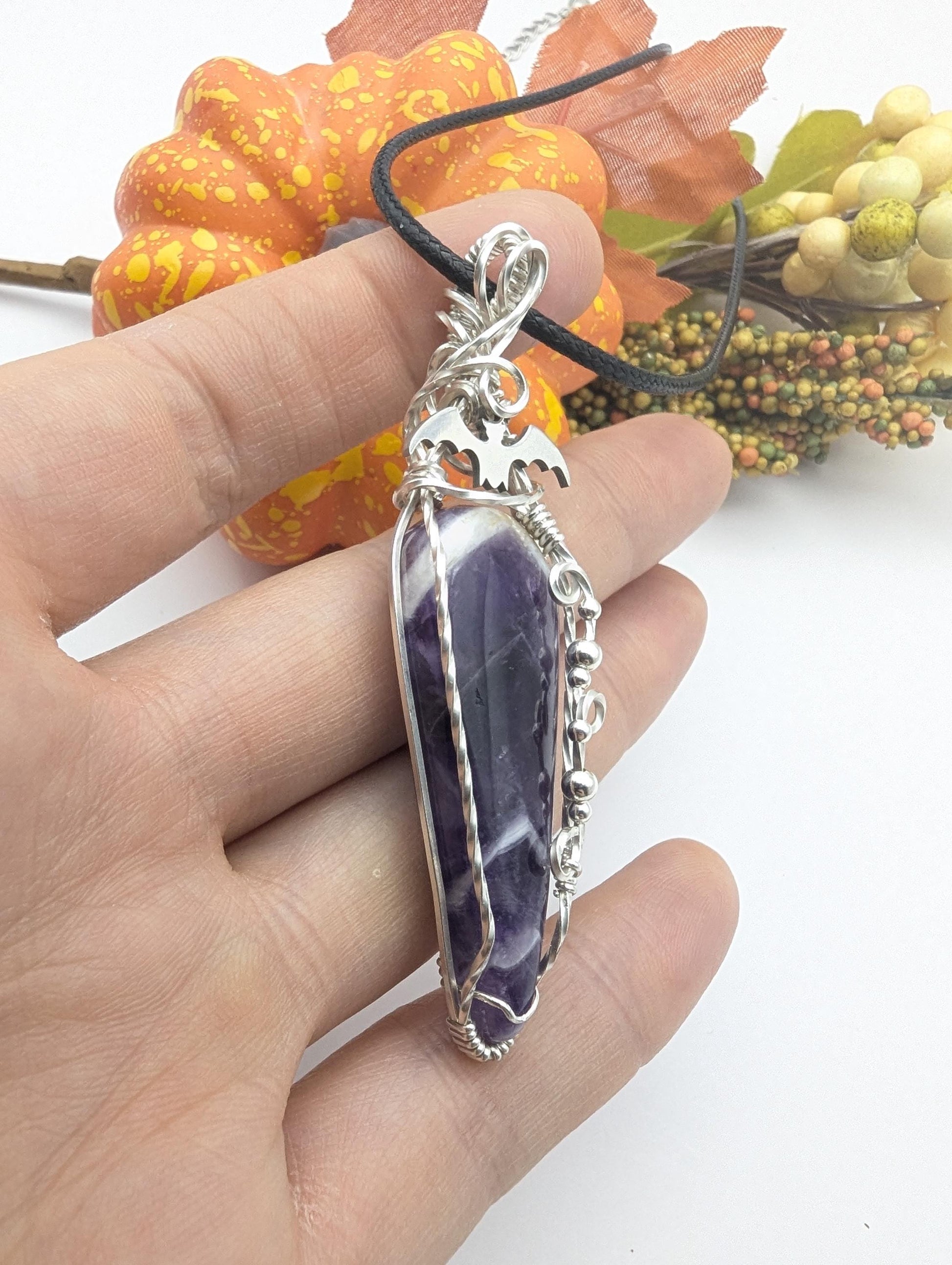 Batty Halloween Amethyst Pendant - wire wrapped sterling silver bat necklace - gothic pendant - purple gemstone jewelry - vampire pendant