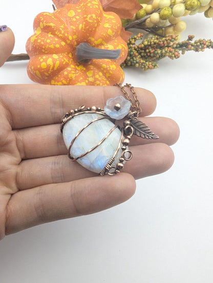 Moonstone Pumpkin Halloween Pendant - copper wire wrapped jewelry - gothic witchy pendant - gift for her