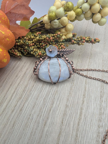 Moonstone Pumpkin Halloween Pendant - copper wire wrapped jewelry - gothic witchy pendant - gift for her