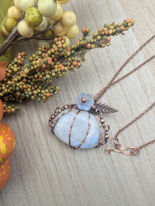 Moonstone pumpkin Halloween witchy pendant wire wrapped in copper