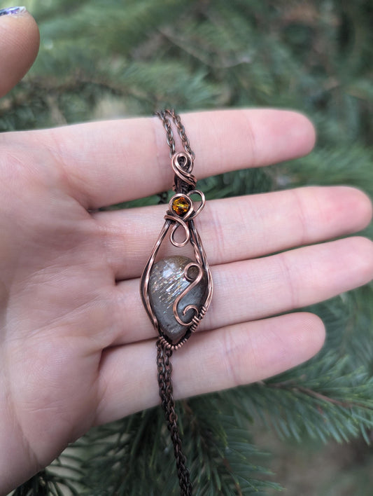 Sunstone orange pendant wire wrapped in copper