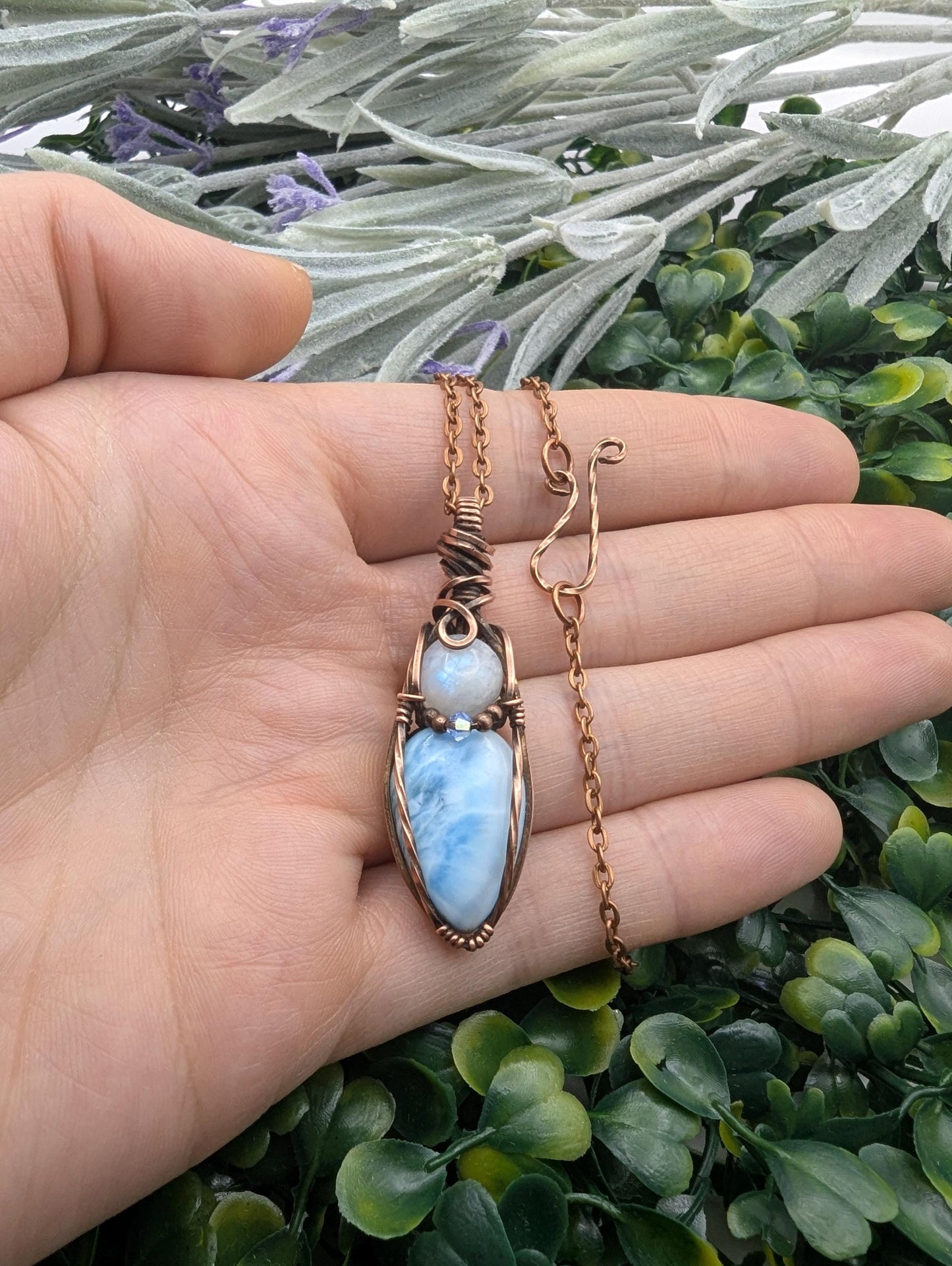 Larimar and Moonstone Pendant - copper wire wrapped - wiccan jewelry - witch pendant - blue necklace - double gemstone pendant